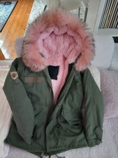 Miss & Furs Damen Parka Gr M Neuwertig Echtes Pelz 2 in 1 Jacke Grün mit Kapuze