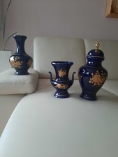 BAREUTHER Porzellan 1 Deckelvase und 2 Vasen Kobalt Handarbeit, 22% Carat Gold