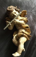Musizierender Engel Putten aus geschnitztem Holz Höhe ca. 18,5 cm  ~ alt