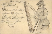 Handgemalt Ganzsachen Ak Frau mit Harfe, Harfenjule - 11258745