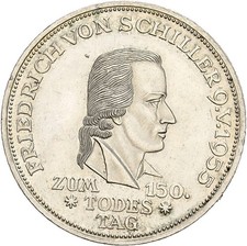 Künker: BRD, 5 Mark 1955 F, 150. Todestag Friedrich von Schiller, Silber