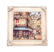 Vintage Quartz Wanduhr Gemälde La Casserole Café Paris mit Bilderrahmen aus Holz