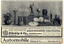 Stöckig & Co., Dresden A. Luxusartikel und Automobile Histor. Annonce von 1908