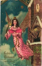 AK Neujahr Glückwunsch, Engel Turm Glocke Glanz Golddruck, Künstler, Kleinformat