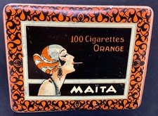 antike alte Zigarettendose Blechdose MAITA ORANGE 100 Cigarettes Art Déco 1920er