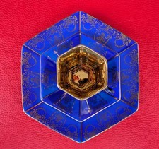 ~1920 Antike Sammeltasse Sammelgedeck Mokka Mocca Gold Blau Ornamente Eckig Art