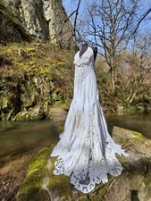 Avantgardistische handgefertigte französische Spitze böhmischer Stil Zeremonie, Brautkleid weiß