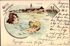 Litho  Friedrichshafen am Bodensee, Badende Frauen, Schloss - 11372471