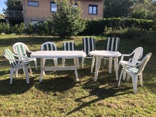 Gartenmöbel weiß Kunststoff Tische Stühle Sitzauflagen weiß-grün
