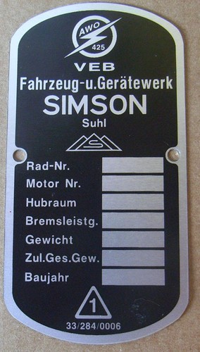 Typenschild veb fahrzeugwerk - typenschild,