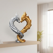 Drachen Figur Herz  Fantasy Drachen Deko   Statue Gold Silber Geschenkidee