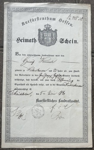 Heimatschein kurfürstentum - heimatschein,