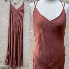 MONSOON VINTAGE Y2K DECO 30’s Copper Bronze SILK BIAS MAXI DRESS BEADED 16 L