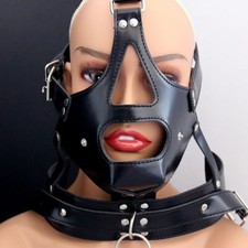 Pu-leder Kopfhaube Kopfmaske mit offenem Mundknebel aus Silikon Roleplay DE