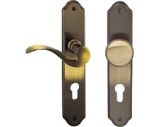 Langschildgarnitur Neal messing/brüniert PZ mit Knopf + Drücker für Wohnungseing