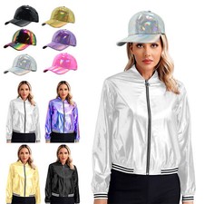 DE Damen Holographic Shiny Bomber Jacke Langarm Disco Outfits /Baseball Hüte