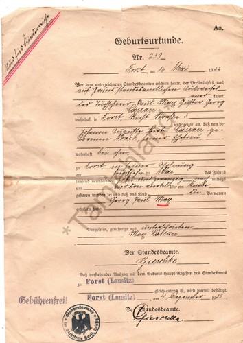 Geburtsurkunde von 1922 - , ➔