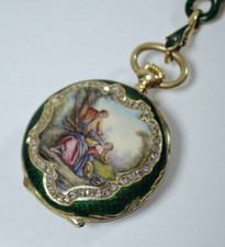 Haas & Cie 750 Gold Diamant Emaille Anhängeuhr mit korrespondierende Brosche 18K