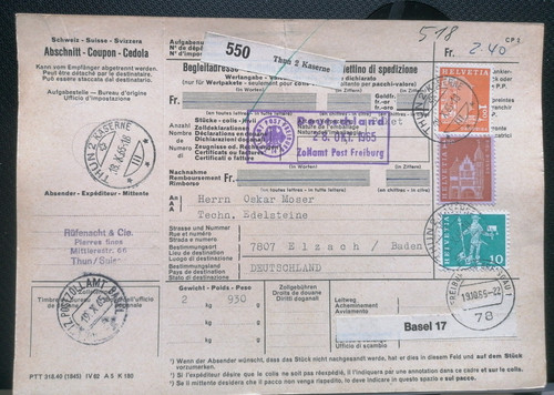 Schweiz paketkarte 1965 thun - schweiz,