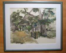 Aquarell Gemälde : Alter Bauernhof , 63 x 53 cm, hochwertig gerahmt hinter Glas