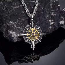 Halskette mit Kompass Anhänger Wikinger Silber Herren Schmuck Edelstahl Kette