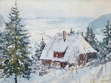 Aquarell: Schwarzwald, Winter-Landschaft Hütte Schnee weiter Blick v. A. Munding
