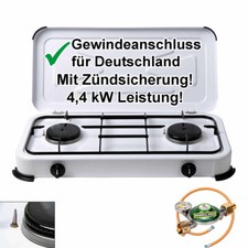 Camping-Gas-Kocher Herd 2 flammig mit Zündsicherung Gasregler Gaschlauch 3 4