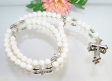 Y Halskette Kette Rosenkranz Schaumkoralle weiß Strass Kreuz Edelstahl 458a