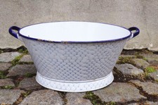 Alte Email Wanne Wabenmuster Netzdekor Blau Weiß Behälter Pfanzgefäß
