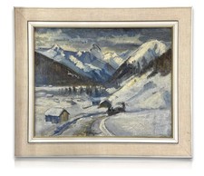 Winterliche Alpenlandschaft mit Gehöften und Schlitten – Öl auf Hartfaserplatte