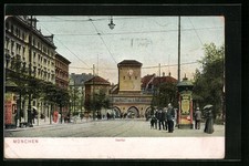 München, Isartor mit Strassenbahn und Litfaßsäulen, Ansichtskarte 1906 