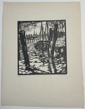 Künstler Unbekannt, Hafen Teufelsbrück Hamburg, Linolschnitt, handsigniert