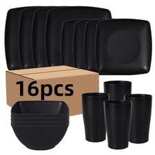 Unzerbrechliches 16-teiliges Kunststoff-Geschirrset, quadratisch, schwarz matt
