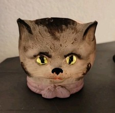 Antikes Windlicht Katzenkopf Katze Porzellan Glasaugen, evtl Hertwig Katzhütte 