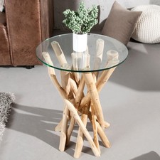 Design Beistelltisch DRIFTWOOD 40cm massives Teakholz Glasplatte Rund Couchtisch