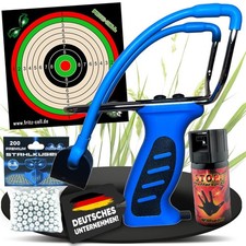 Profi Steinschleuder Schleuder Zwille Slingshot Stahlkugel 6mm blau Pfefferspray