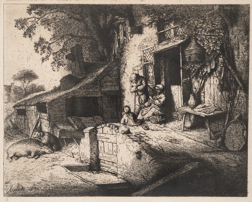 The woman spinning etching - the,