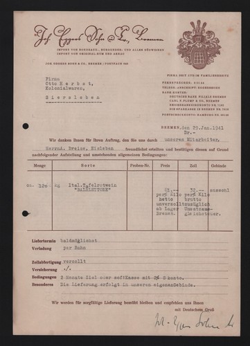 Bremen rechnung 1941 joh - bremen,,
