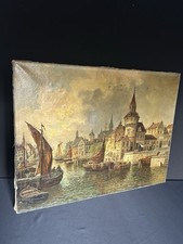 Antik Ölgemälde Hafenstadt Boote Menschen Szene Historische Stadt 19JH.