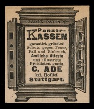 Alte Werbung Reklame 1887 Panzer-Kassen Tresor Panzerschrank C. Ade Stuttgart