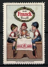 Reklamemarke Aecht Franck Kaffee-Zusatz mit der Kaffeemühle, drei Buben am Kaff 