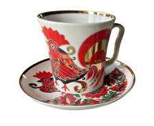 Lomonosov Porzellan Roter Hahn großer 350 ml Kakaobecher m. Untertasse