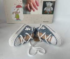 Babyschuhe Chucks 10cm Jeansblau/ Beige Teddy gestrickt gehäkelt Handarbeit Neu