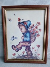Bild Evans Hummel-Stil 22,5 x 17,5 cm hinter Glas Holzrahmen Junge m. Blumenkorb