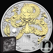 DRACHE VERGOLDET Australien 2024 - 1 Oz Silber - Lunar III Jahr des Drachen BOX