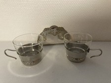 2 alte Glas Tassen im Metallständer Kaffe Tee, Servietten Ständer Halter, Silber