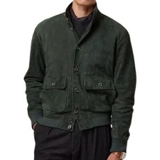Herren 100% Reines Wildleder Leder Grün Flieger Bomber Jacke Größe XS S M L X...