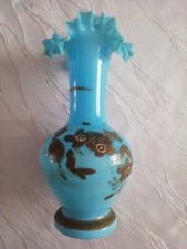 Antike VASE Blumenvase Blauglas Wellenrand Abriss Glas bemalt Biedermeier?