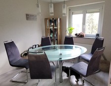 Glastisch Esszimmertisch 6 Stühle Schwingstühle Alcantara Zimmerlampe Essen