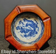 6" Altes China Holz Blau Weiß Porzellan Drachen Aschenbecher